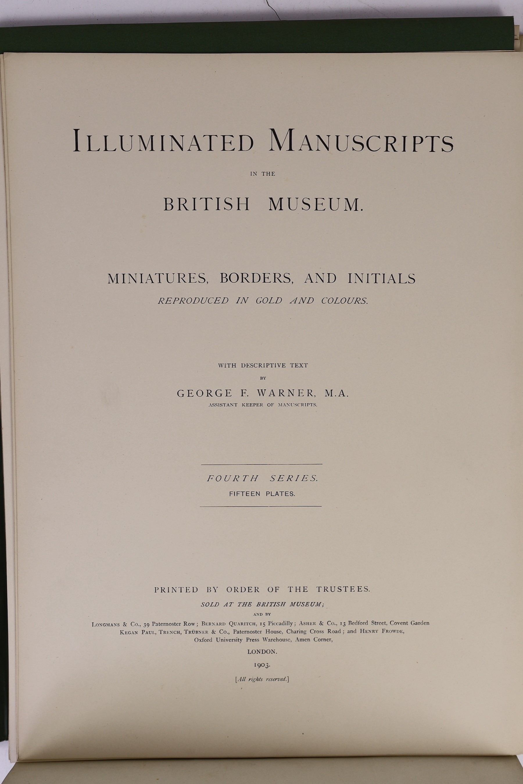 Warner, George F - Illuminated Manuscripts in the British Museum, series IV, one of 500, folio, quarter cloth with printed boards, with 15 chromolithograph plates, British Museum, London, 1903